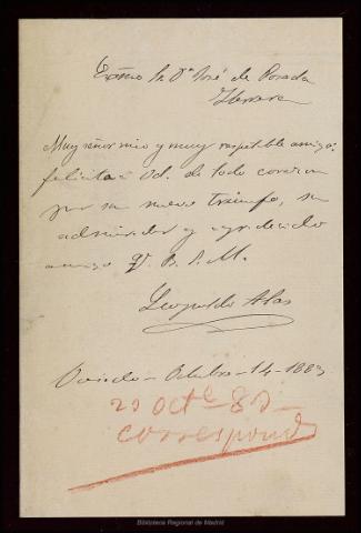 Carta, 1883 oct. 14, Oviedo, de Leopoldo Alas... (1883)