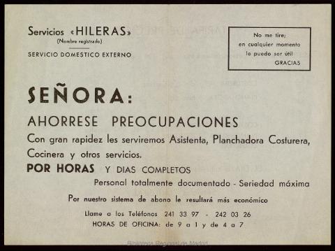 [Publicidad comercial de Servicios "Hileras",... (entre 1935 y 1940)